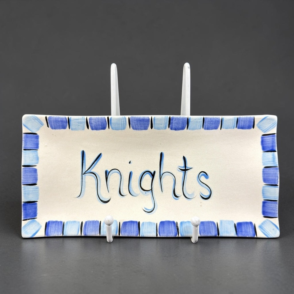 Lisa 2006 Hand Painted Ceramic Knights Tray‎ Blue Checkered Border Artisan Dish